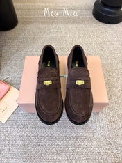 MIUMIU 26S COIN PENNY LOAFERS IN DARK BROWN SUEDE