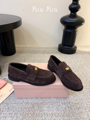 MIUMIU 26S COIN PENNY LOAFERS IN DARK BROWN SUEDE