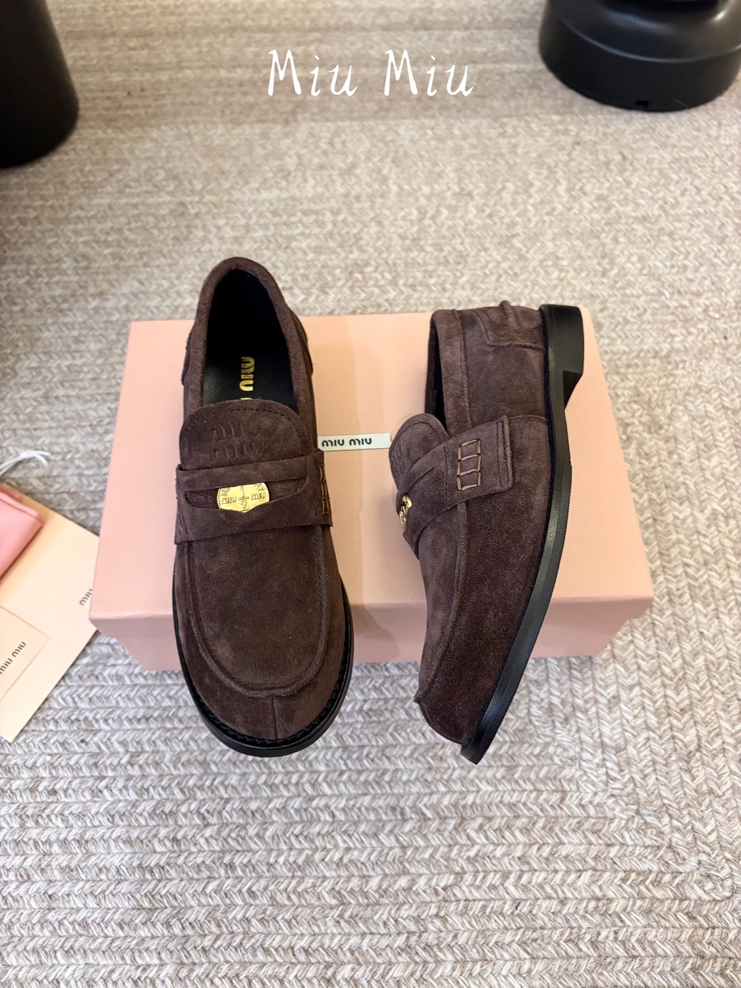 MIUMIU 26S COIN PENNY LOAFERS IN DARK BROWN SUEDE