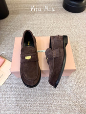 MIUMIU 26S COIN PENNY LOAFERS IN DARK BROWN SUEDE