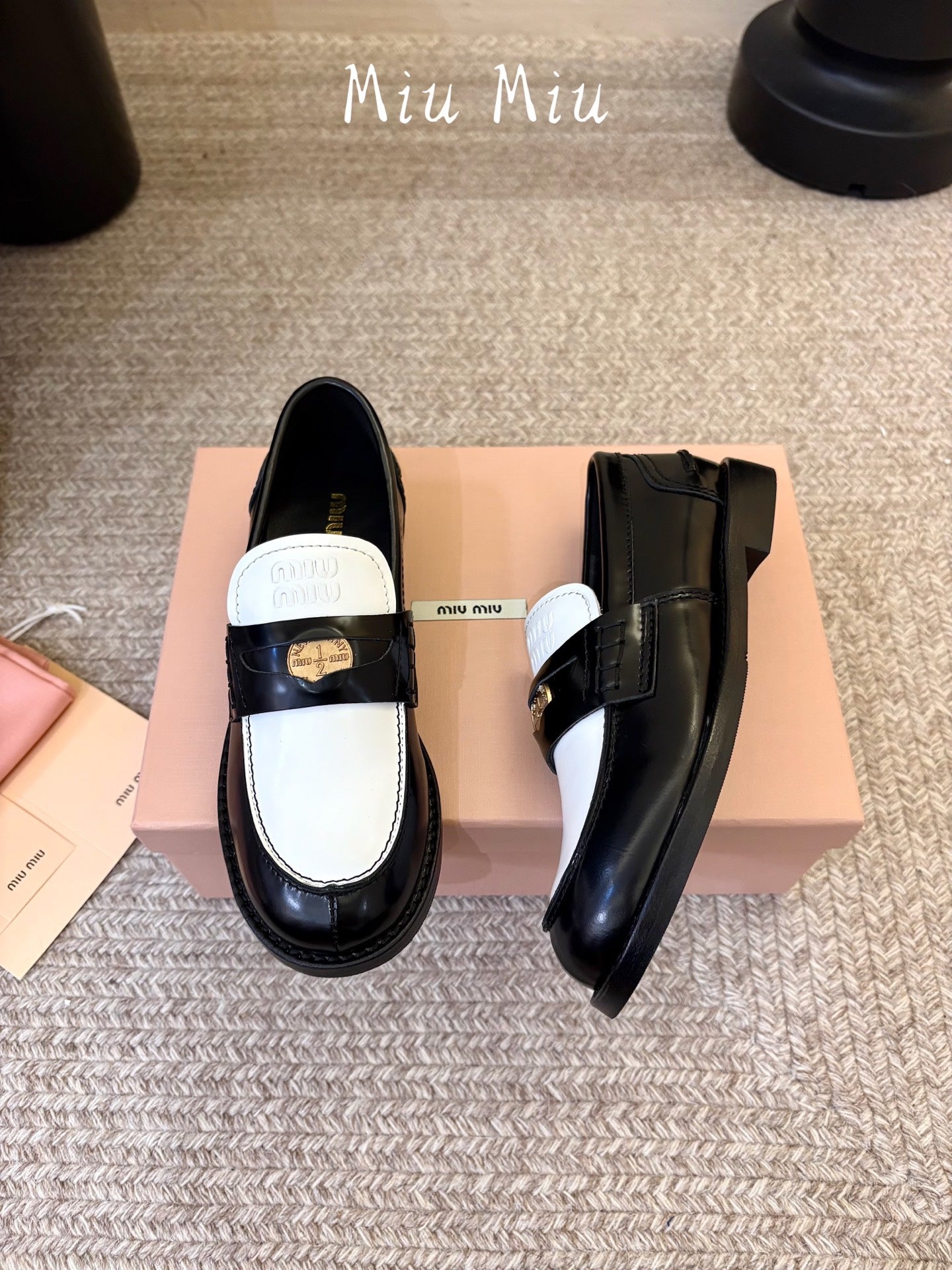 MIUMIU 26S COIN PENNY LOAFERS IN BLACK MIX WHITE CALFSKIN