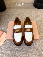 MIUMIU 26S COIN PENNY LOAFERS IN BROWN MIX WHITE CALFSKIN