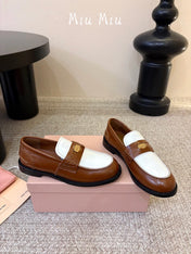 MIUMIU 26S COIN PENNY LOAFERS IN BROWN MIX WHITE CALFSKIN