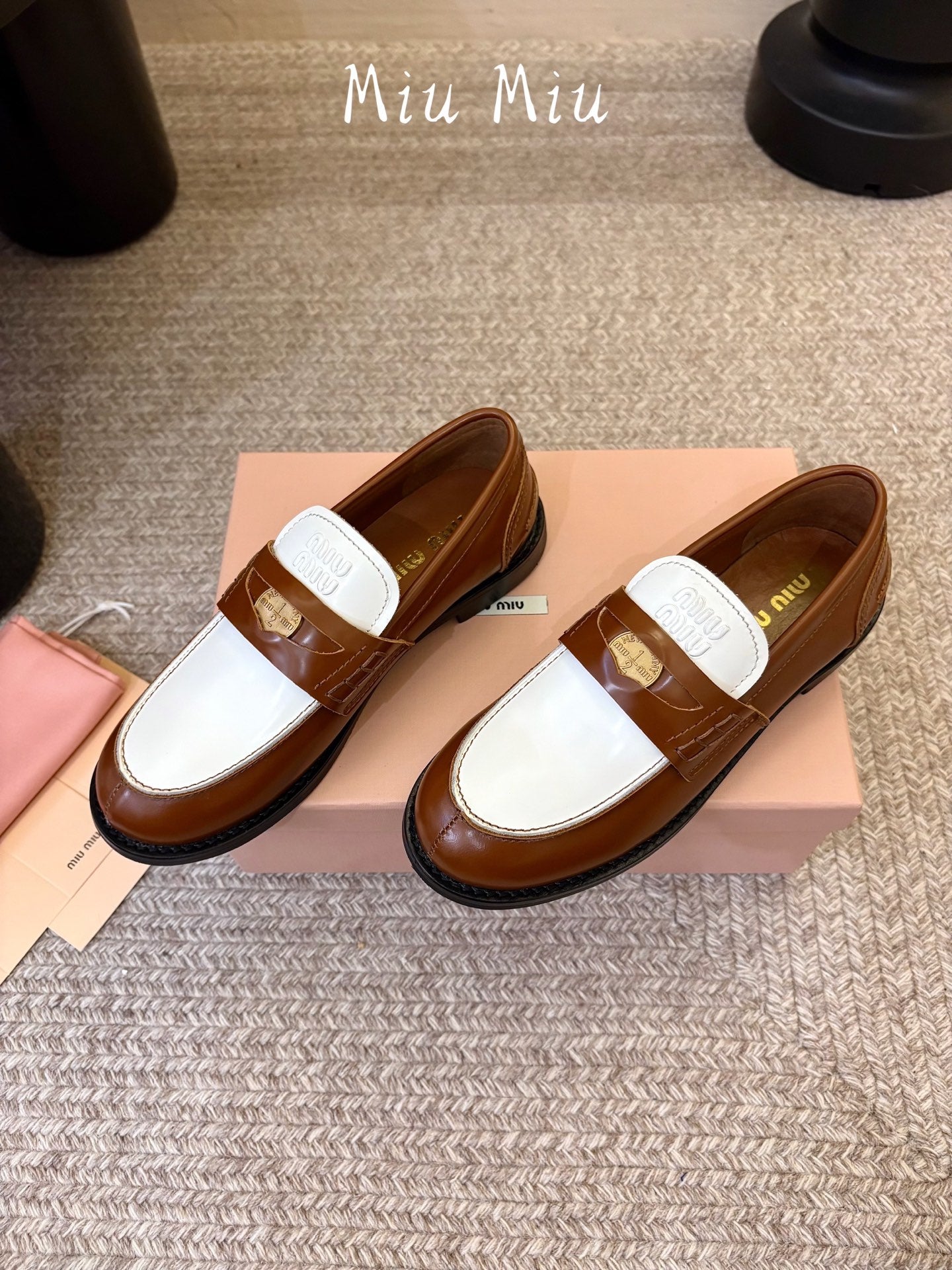 MIUMIU 26S COIN PENNY LOAFERS IN BROWN MIX WHITE CALFSKIN