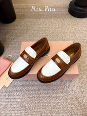 MIUMIU 26S COIN PENNY LOAFERS IN BROWN MIX WHITE CALFSKIN