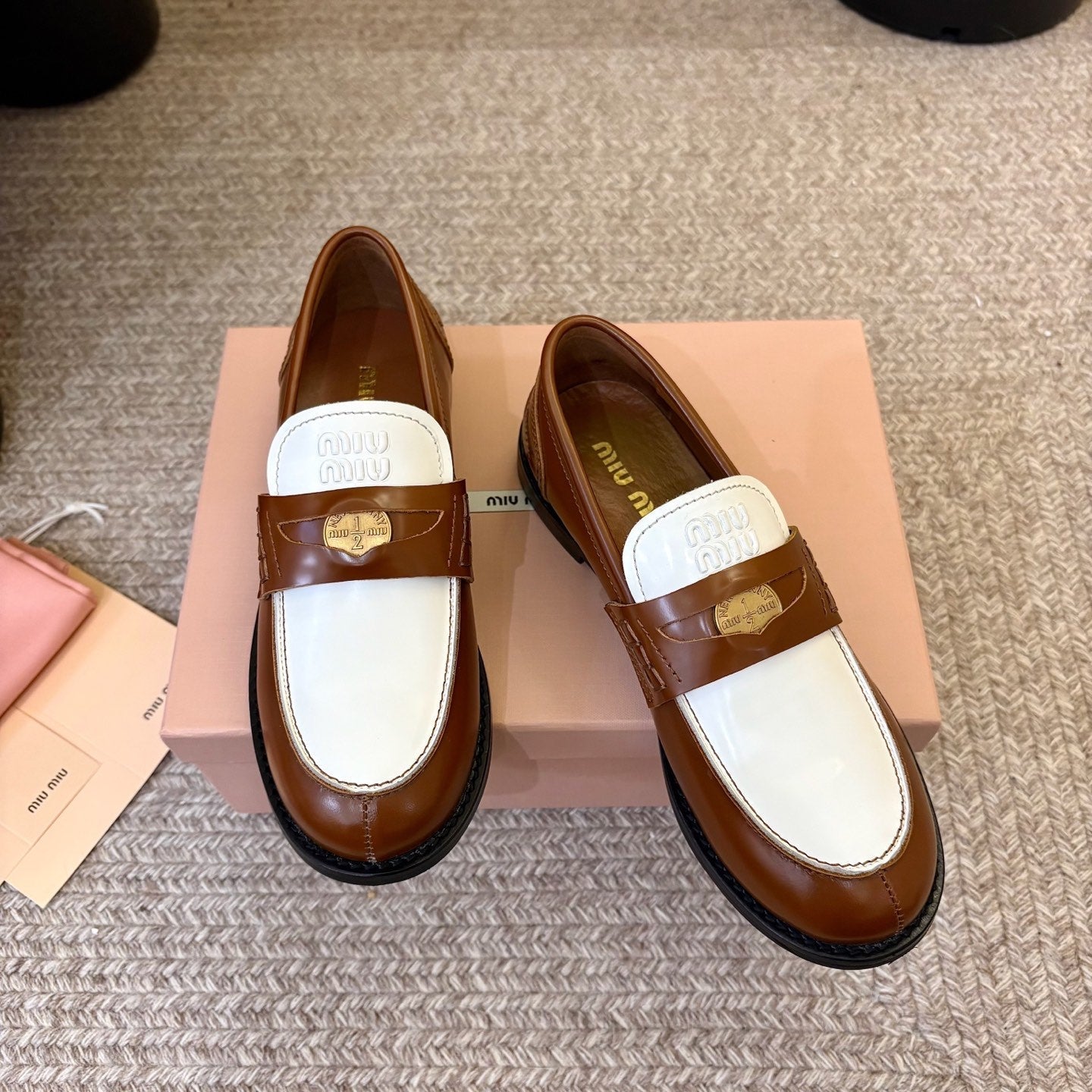 MIUMIU 26S COIN PENNY LOAFERS IN BROWN MIX WHITE CALFSKIN