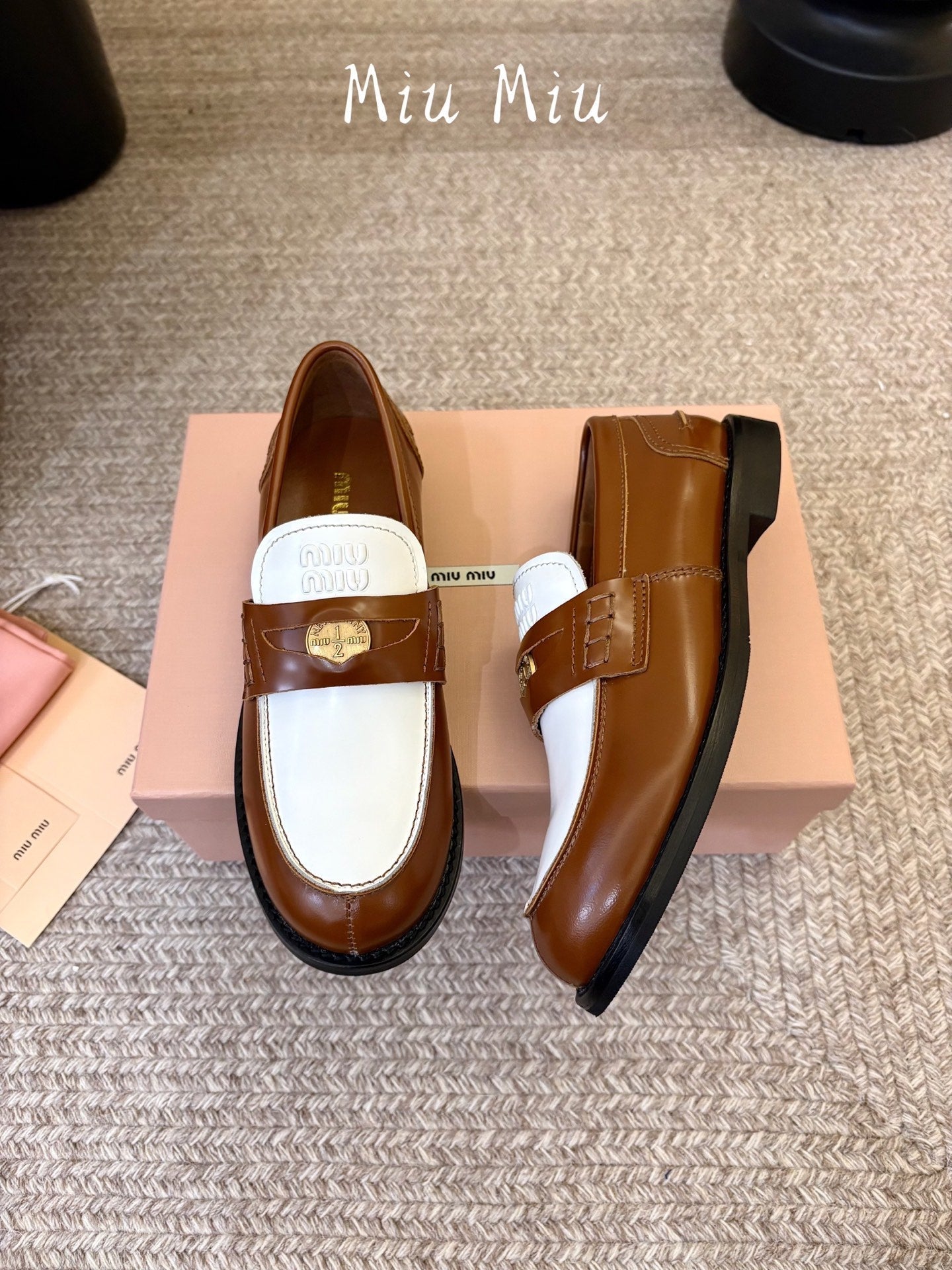 MIUMIU 26S COIN PENNY LOAFERS IN BROWN MIX WHITE CALFSKIN