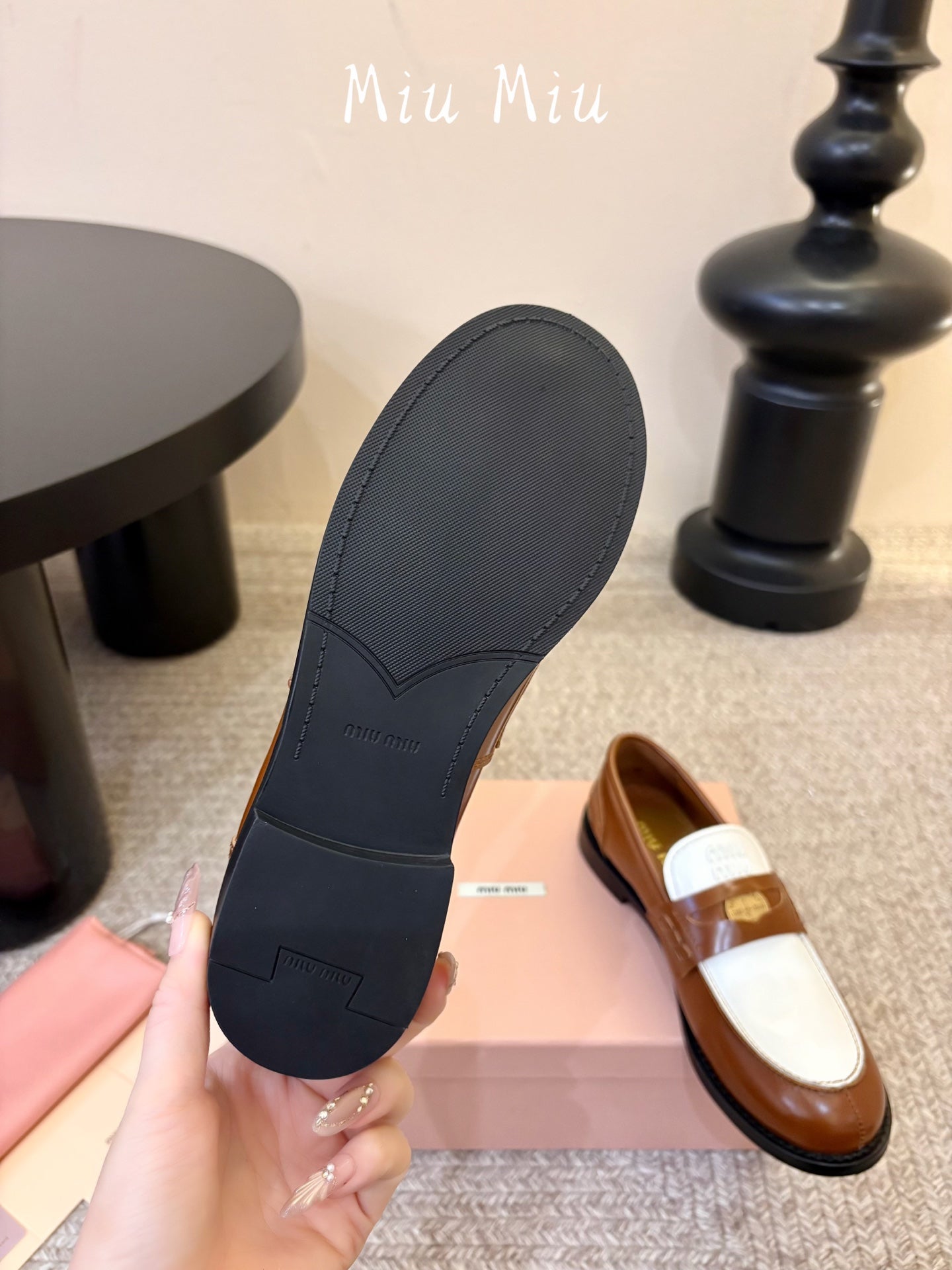MIUMIU 26S COIN PENNY LOAFERS IN BROWN MIX WHITE CALFSKIN
