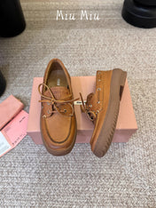 MIUMIU 26S LACE-UP LOAFERS IN COGNAC BROWN CALFSKIN RUBBER SOLE