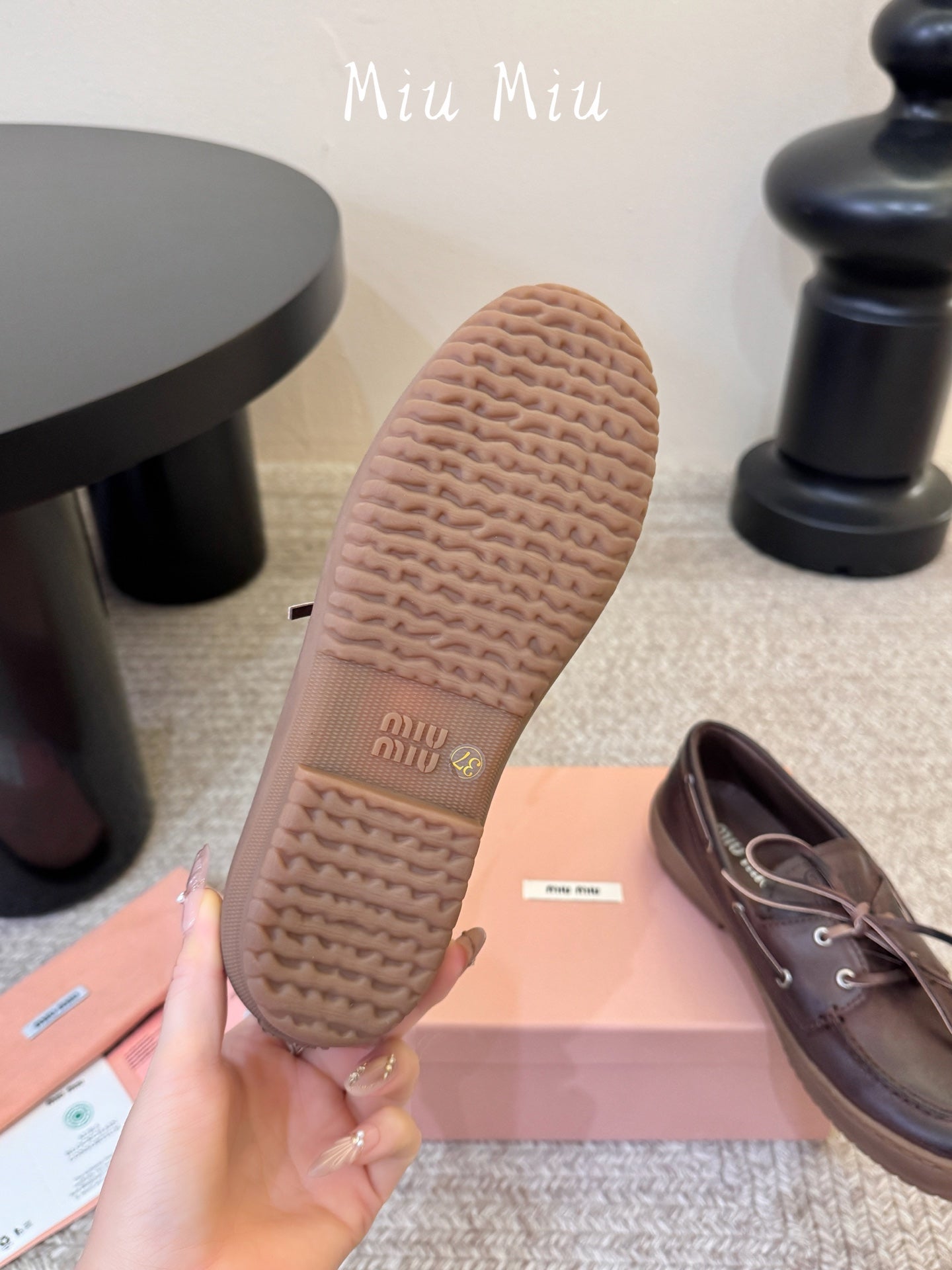 MIUMIU 26S LACE-UP LOAFERS IN DARK BROWN CALFSKIN RUBBER SOLE