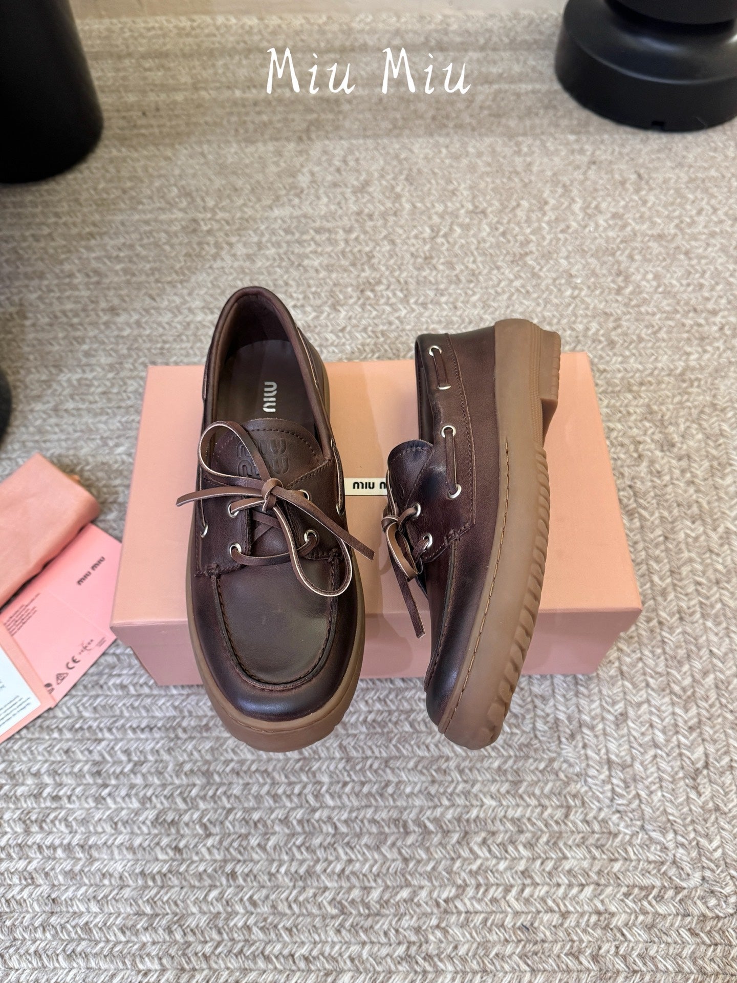 MIUMIU 26S LACE-UP LOAFERS IN DARK BROWN CALFSKIN RUBBER SOLE