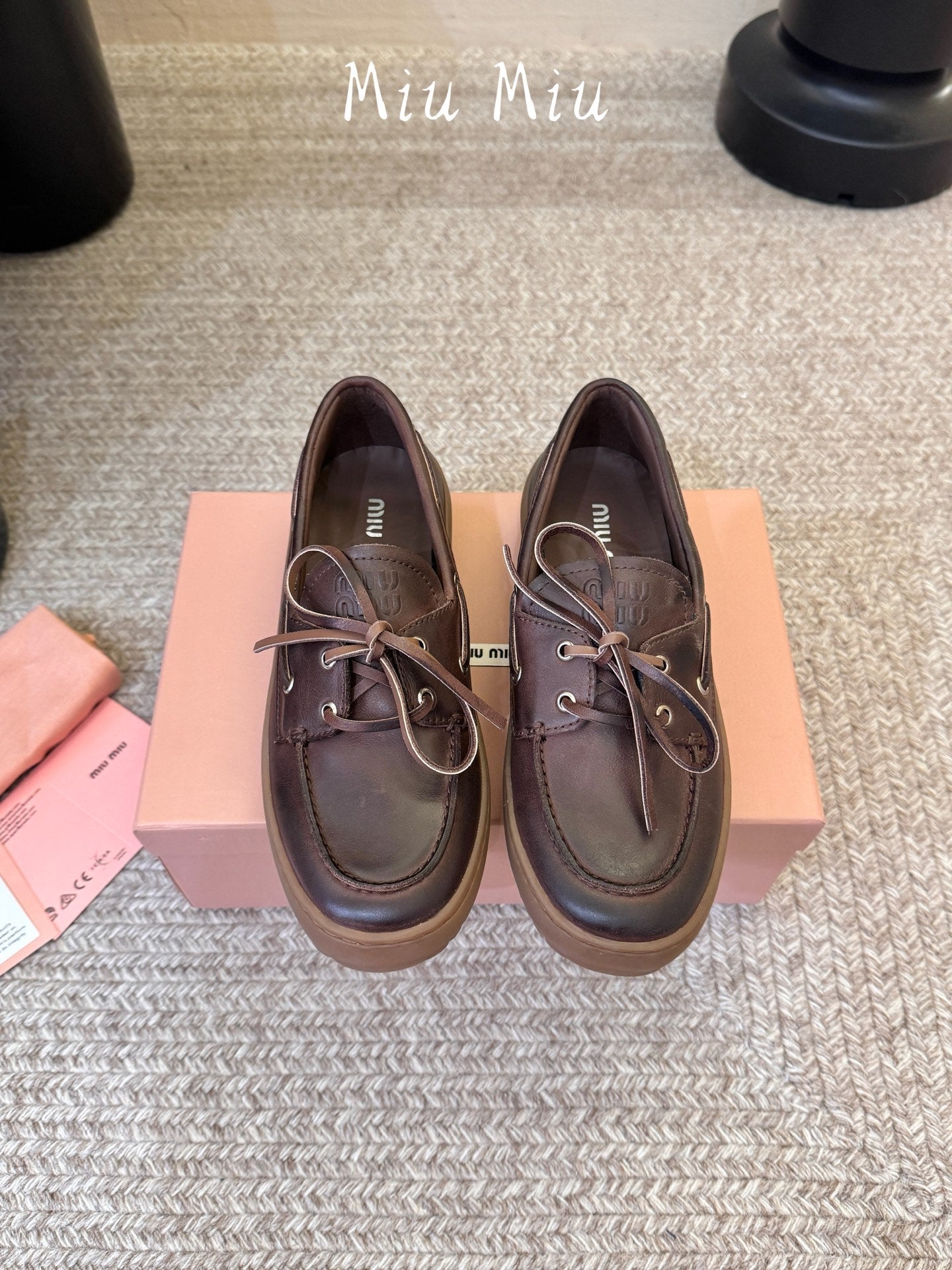 MIUMIU 26S LACE-UP LOAFERS IN DARK BROWN CALFSKIN RUBBER SOLE