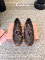MIUMIU 26S LACE-UP LOAFERS IN DARK BROWN CALFSKIN RUBBER SOLE