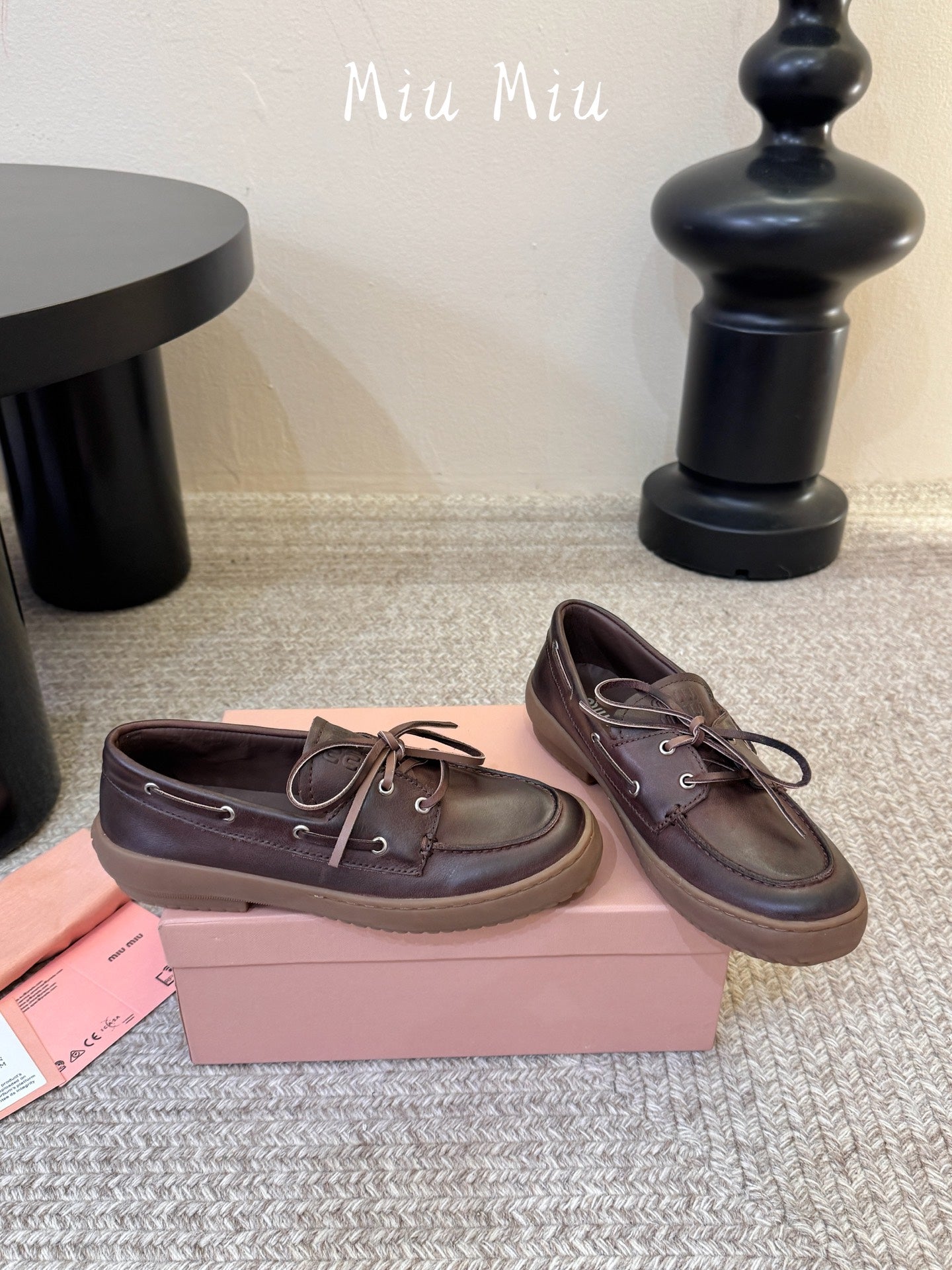 MIUMIU 26S LACE-UP LOAFERS IN DARK BROWN CALFSKIN RUBBER SOLE
