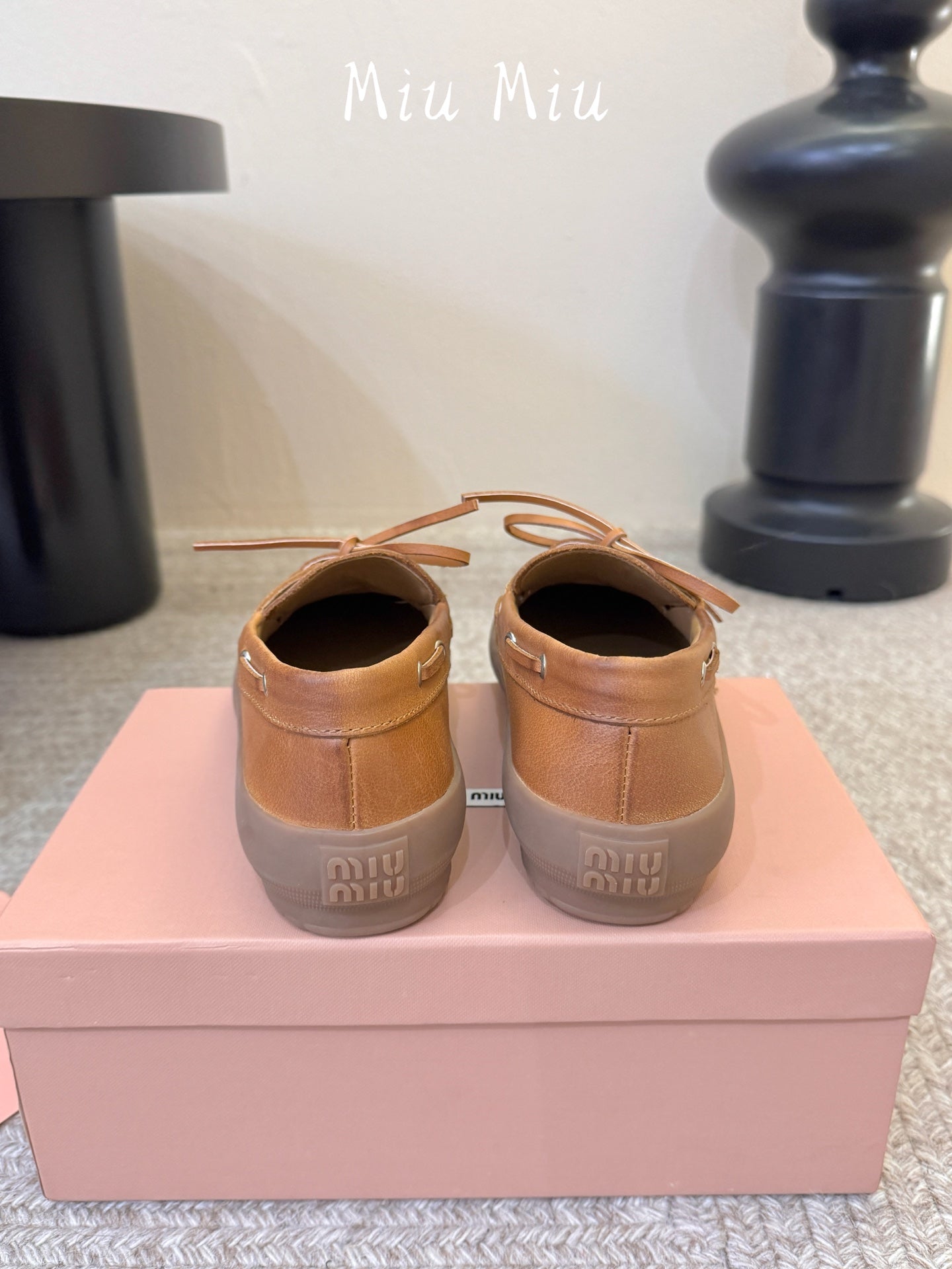 MIUMIU 26S LACE-UP LOAFERS IN COGNAC BROWN CALFSKIN RUBBER SOLE
