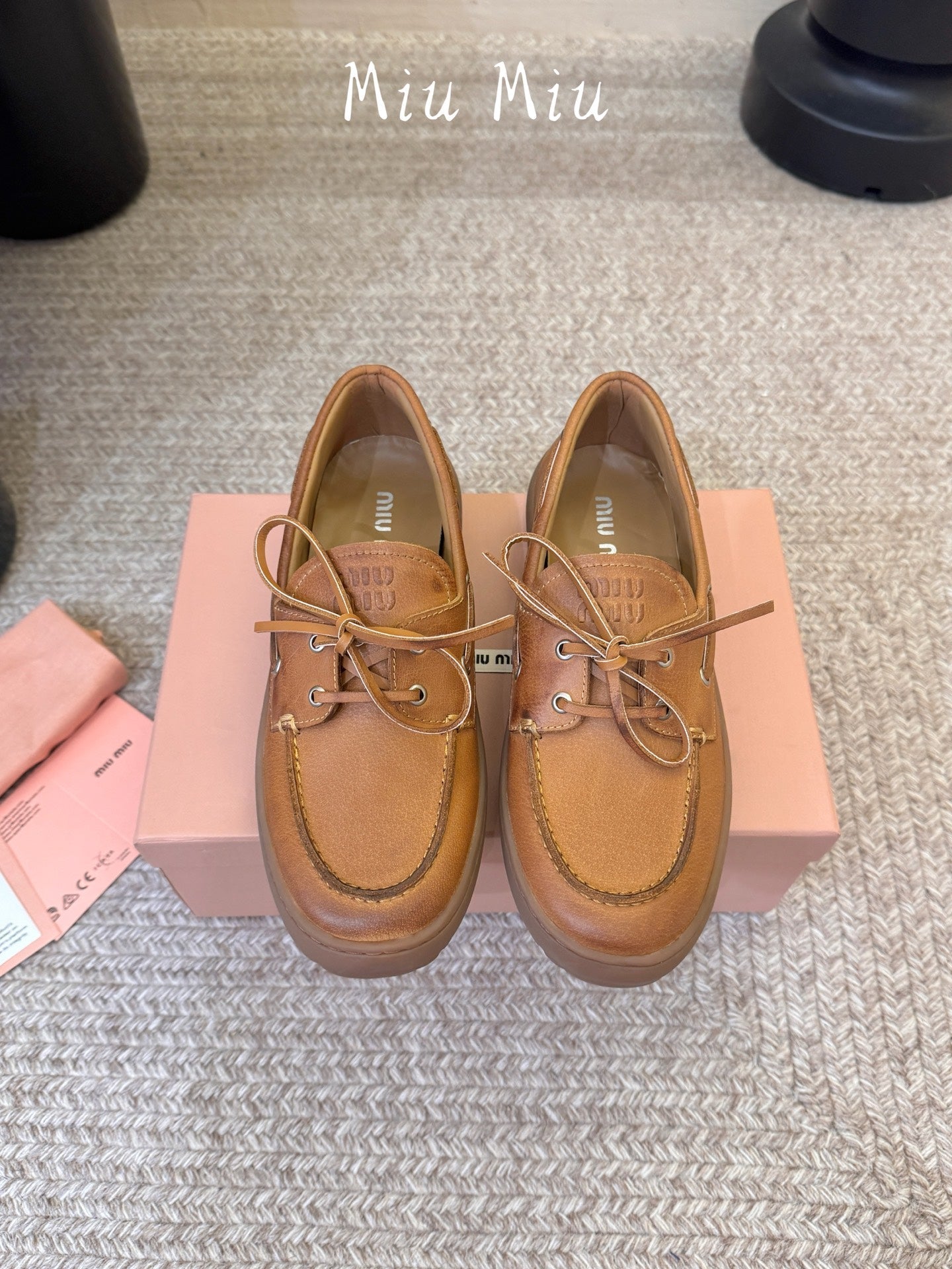 MIUMIU 26S LACE-UP LOAFERS IN COGNAC BROWN CALFSKIN RUBBER SOLE