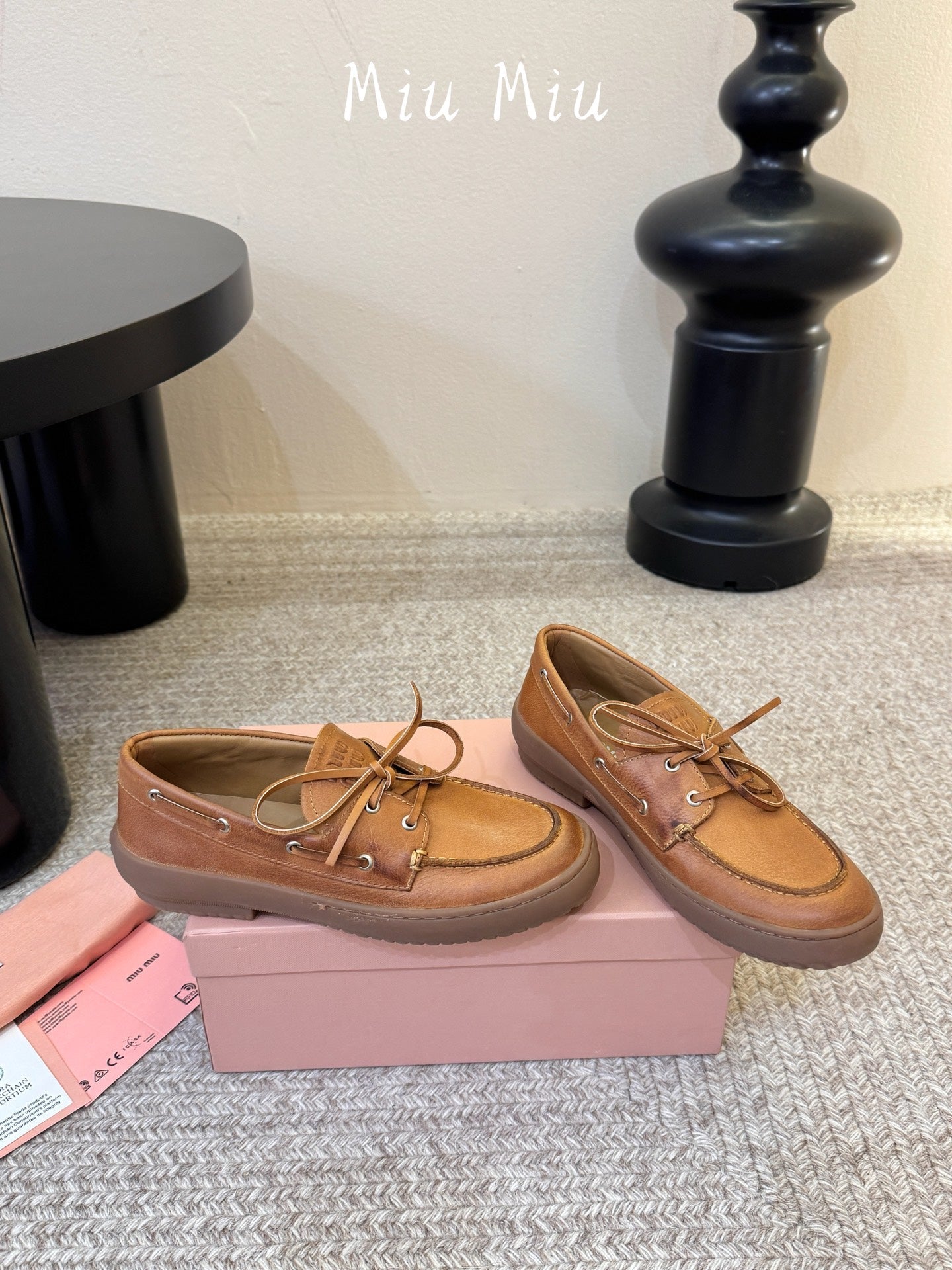 MIUMIU 26S LACE-UP LOAFERS IN COGNAC BROWN CALFSKIN RUBBER SOLE
