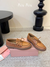 MIUMIU 26S LACE-UP LOAFERS IN COGNAC BROWN CALFSKIN RUBBER SOLE