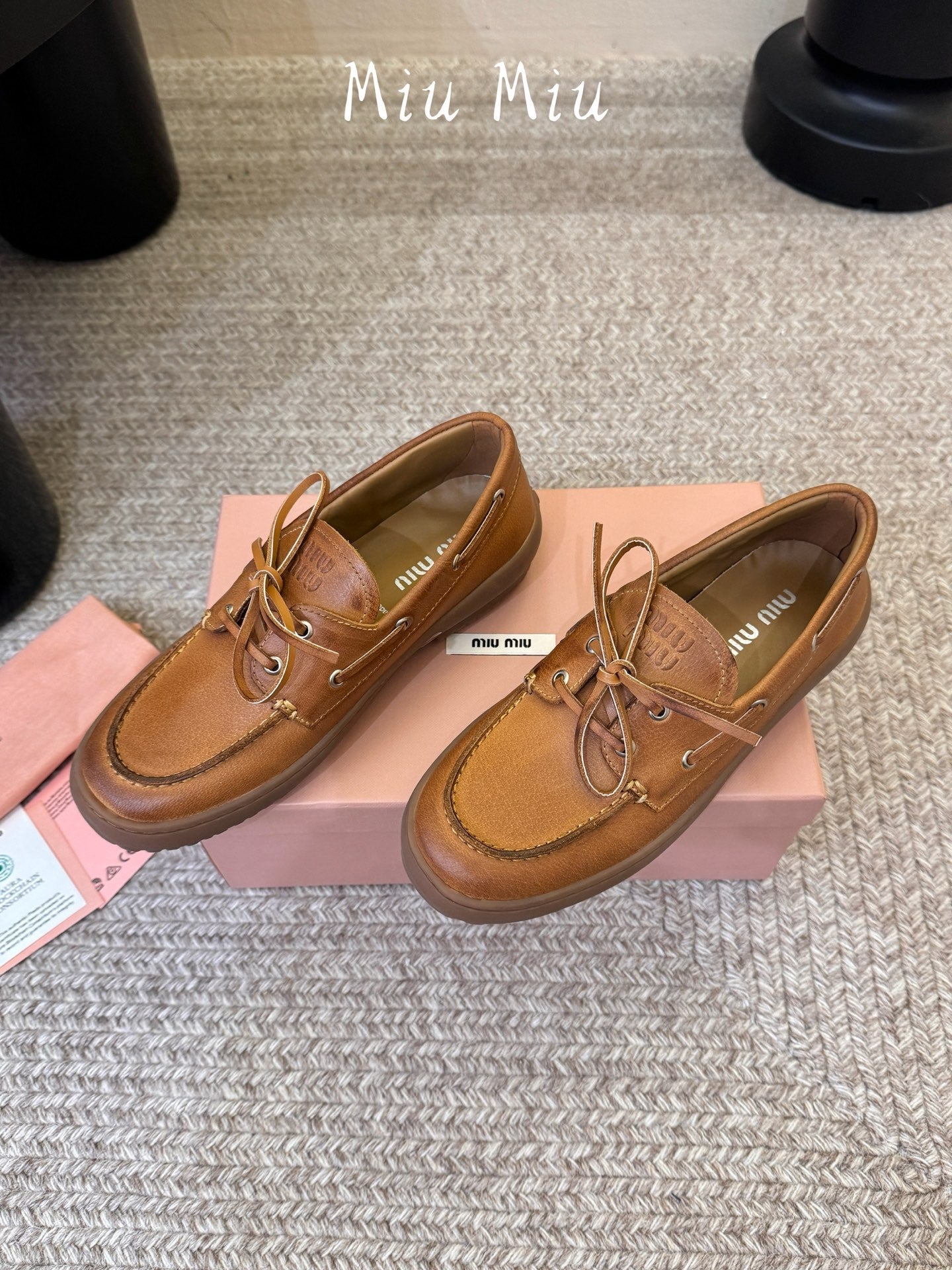 MIUMIU 26S LACE-UP LOAFERS IN COGNAC BROWN CALFSKIN RUBBER SOLE