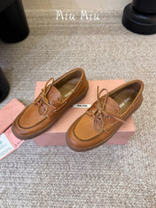 MIUMIU 26S LACE-UP LOAFERS IN COGNAC BROWN CALFSKIN RUBBER SOLE