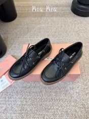 MIUMIU 26S LACE-UP LOAFERS IN BLACK CALFSKIN RUBBER SOLE