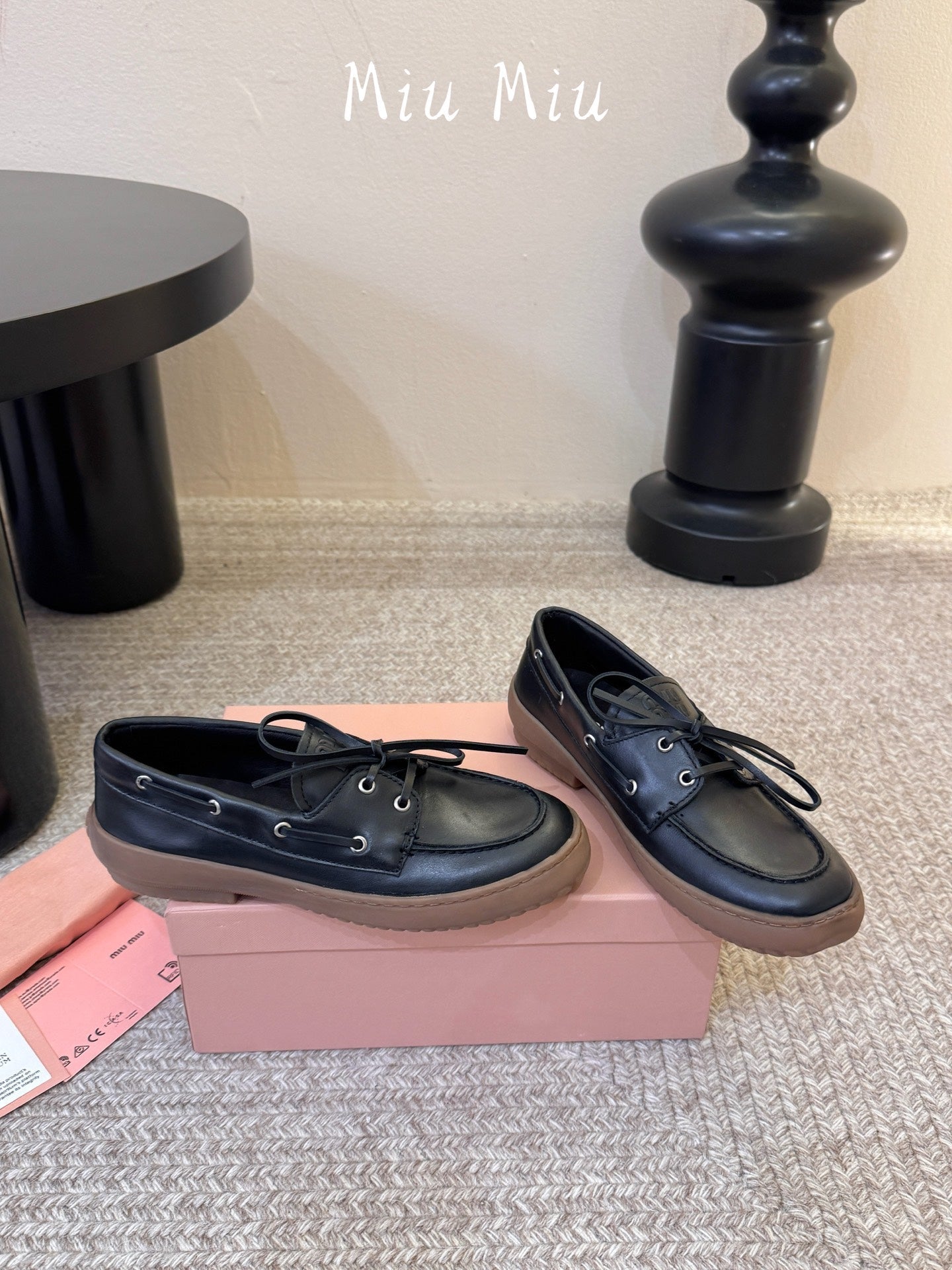 MIUMIU 26S LACE-UP LOAFERS IN BLACK CALFSKIN RUBBER SOLE