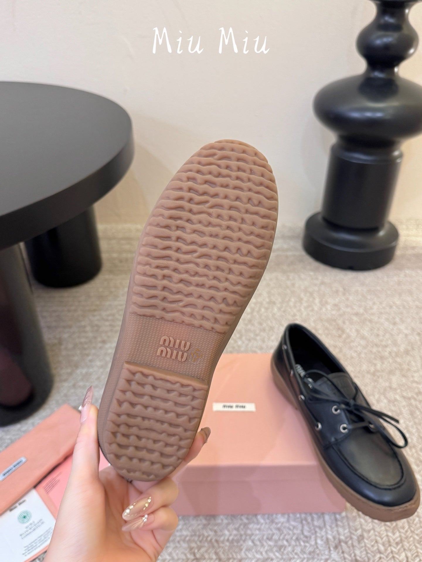 MIUMIU 26S LACE-UP LOAFERS IN BLACK CALFSKIN RUBBER SOLE