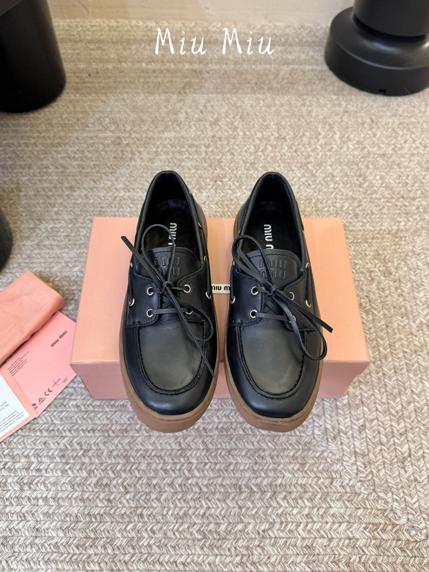 MIUMIU 26S LACE-UP LOAFERS IN BLACK CALFSKIN RUBBER SOLE