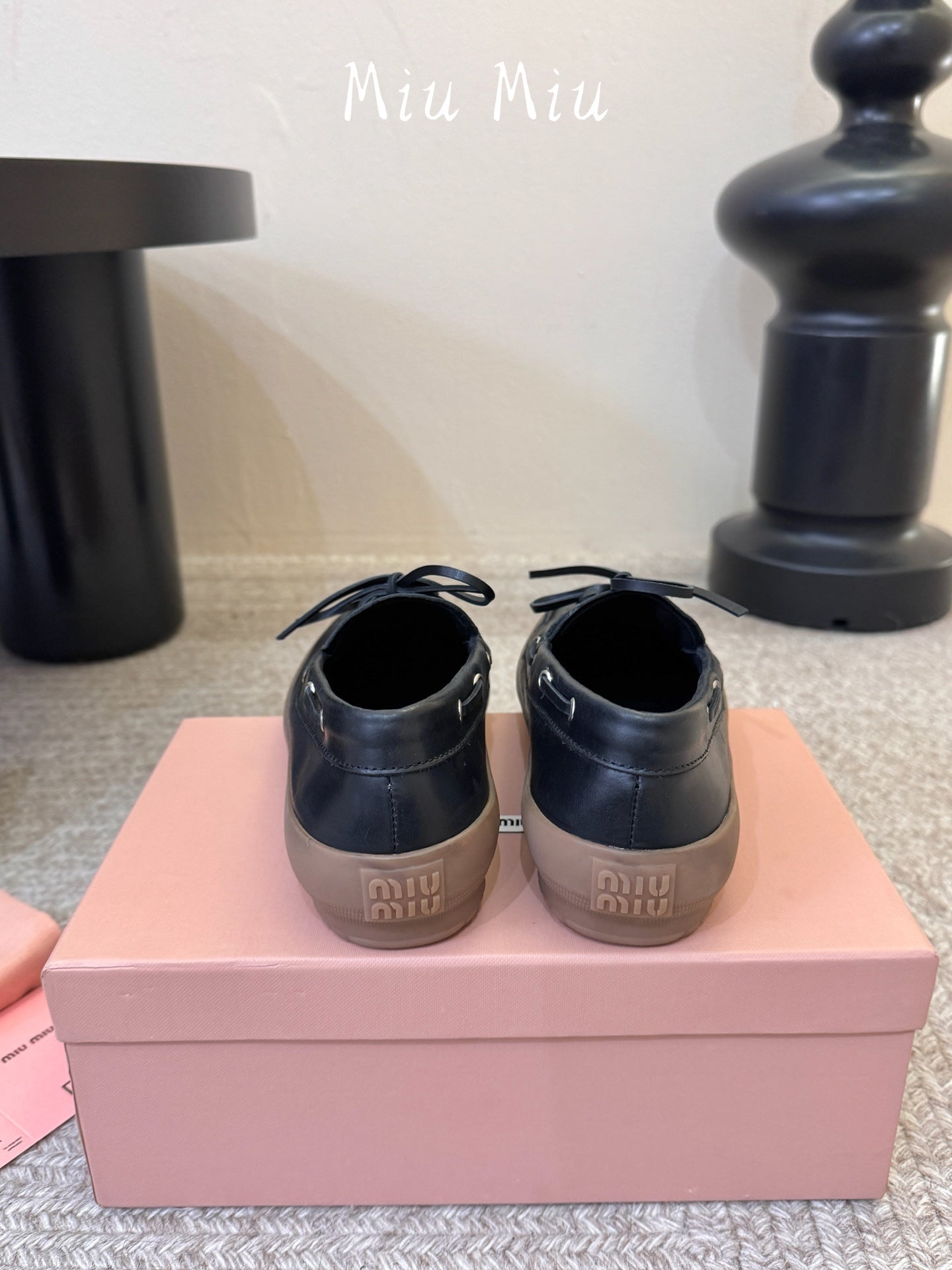 MIUMIU 26S LACE-UP LOAFERS IN BLACK CALFSKIN RUBBER SOLE