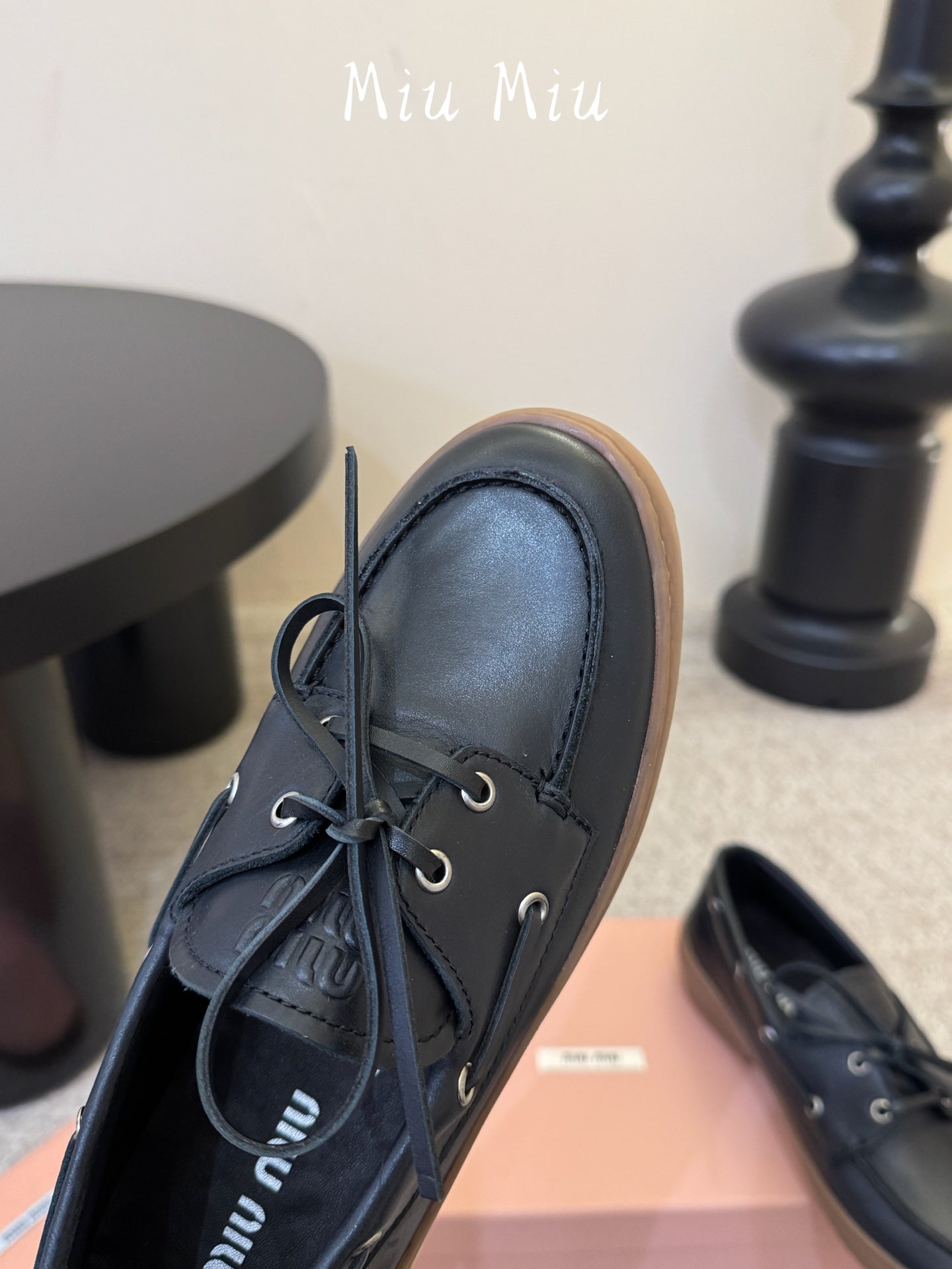 MIUMIU 26S LACE-UP LOAFERS IN BLACK CALFSKIN RUBBER SOLE
