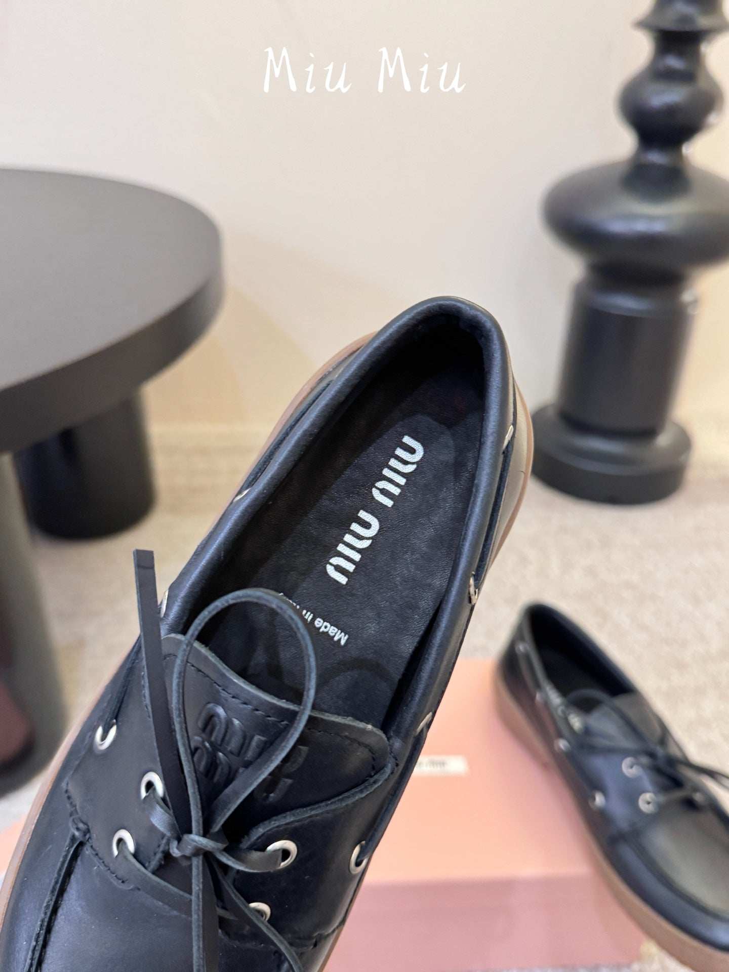 MIUMIU 26S LACE-UP LOAFERS IN BLACK CALFSKIN RUBBER SOLE