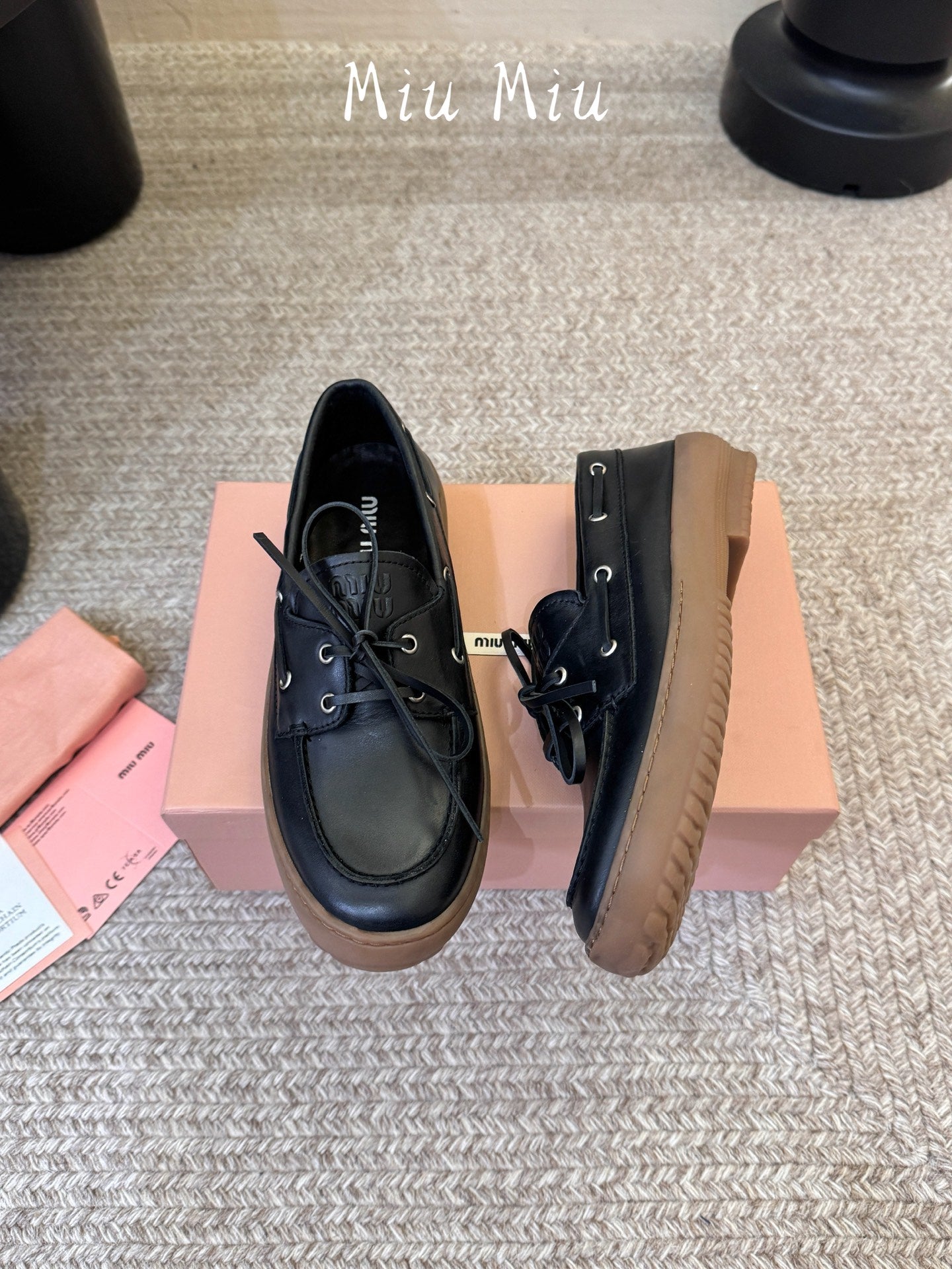 MIUMIU 26S LACE-UP LOAFERS IN BLACK CALFSKIN RUBBER SOLE