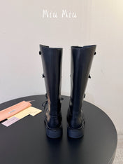 MIUMIU 26S LACE-UP KNEE-HIGH BOOTS IN BLACK CALFSKIN