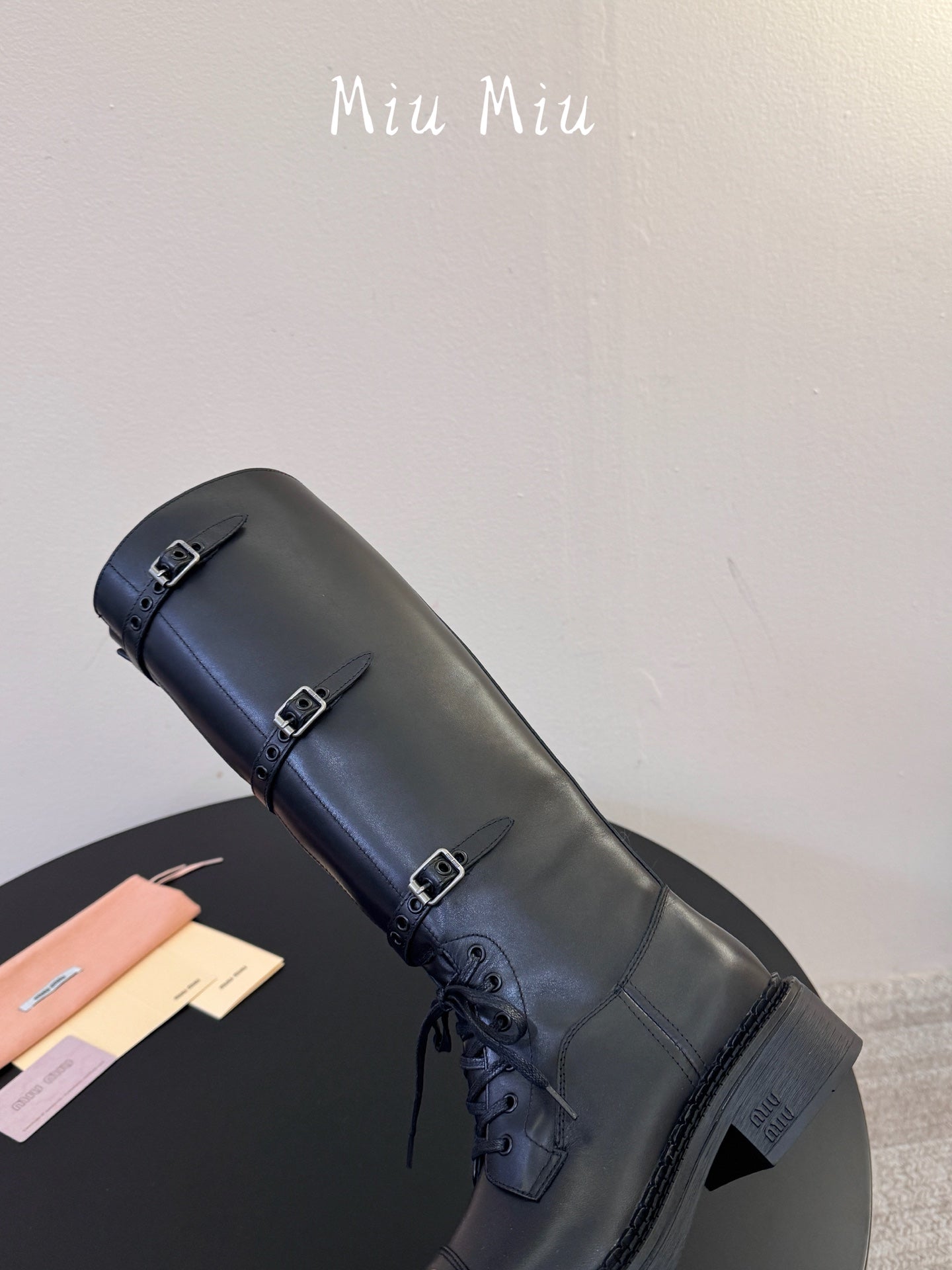 MIUMIU 26S LACE-UP KNEE-HIGH BOOTS IN BLACK CALFSKIN