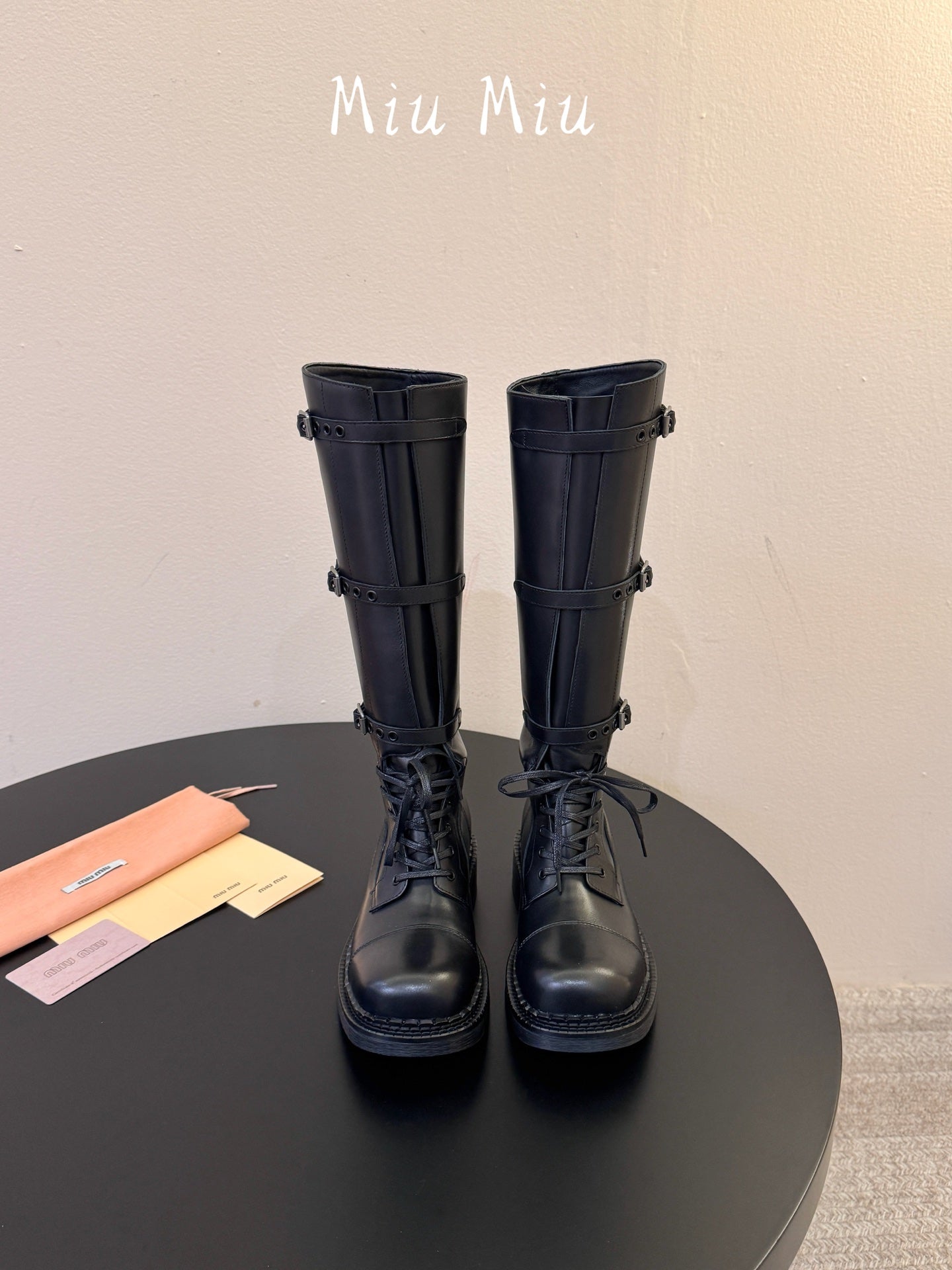 MIUMIU 26S LACE-UP KNEE-HIGH BOOTS IN BLACK CALFSKIN
