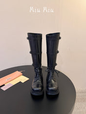 MIUMIU 26S LACE-UP KNEE-HIGH BOOTS IN BLACK CALFSKIN
