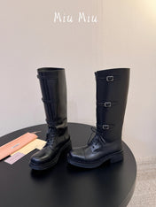 MIUMIU 26S LACE-UP KNEE-HIGH BOOTS IN BLACK CALFSKIN