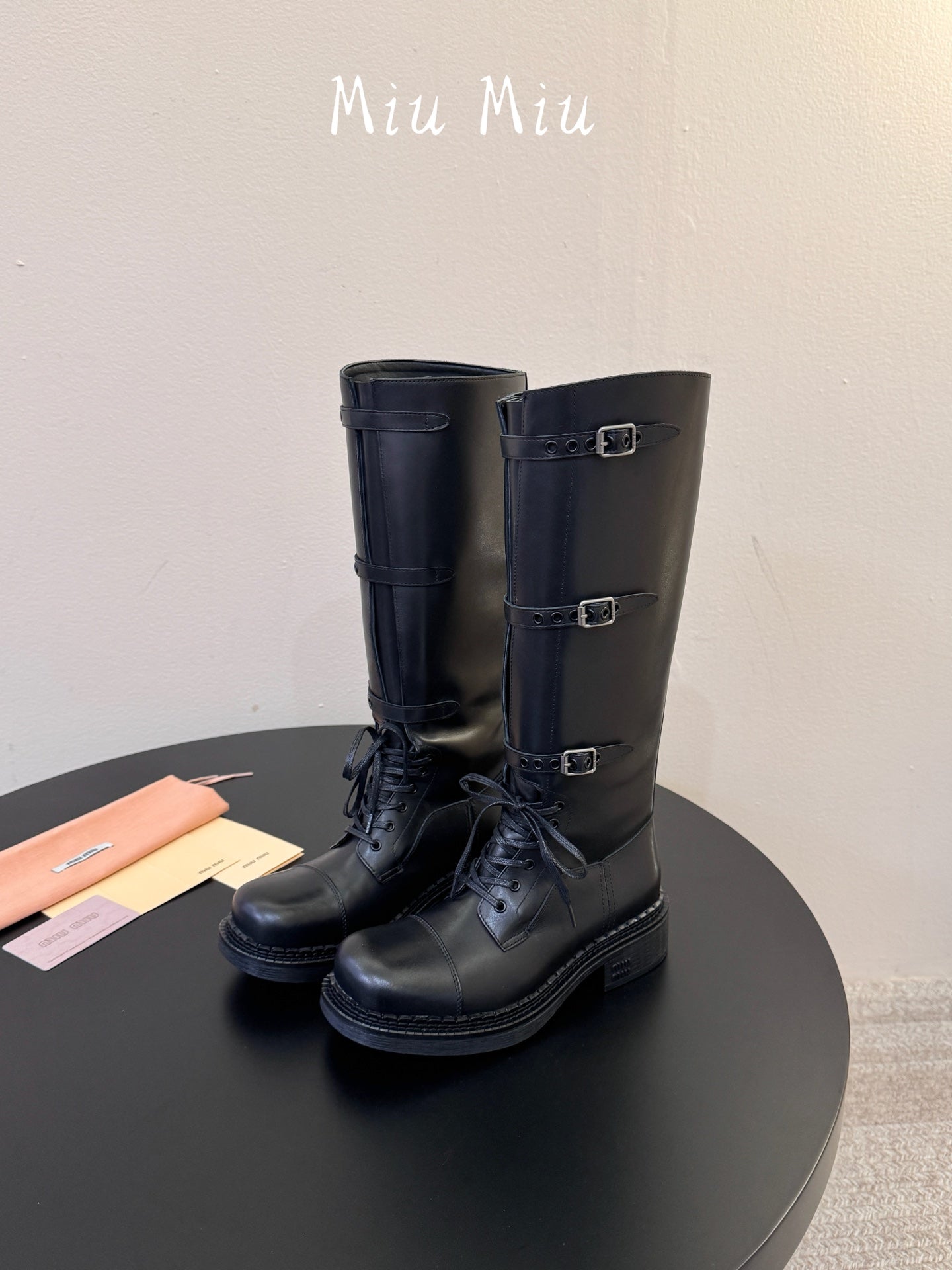 MIUMIU 26S LACE-UP KNEE-HIGH BOOTS IN BLACK CALFSKIN