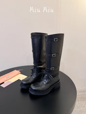 MIUMIU 26S LACE-UP KNEE-HIGH BOOTS IN BLACK CALFSKIN