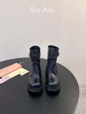 MIUMIU 26S LACE-UP ANKLE BOOTS IN BLACK CALFSKIN