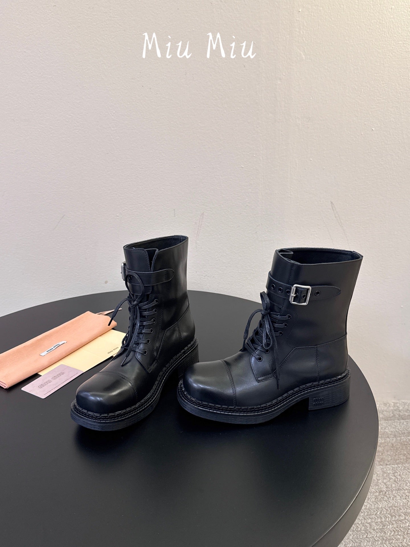 MIUMIU 26S LACE-UP ANKLE BOOTS IN BLACK CALFSKIN