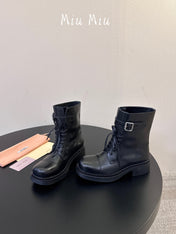 MIUMIU 26S LACE-UP ANKLE BOOTS IN BLACK CALFSKIN