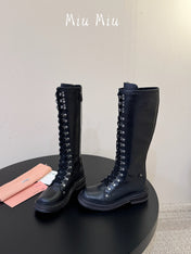MIUMIU 26S HIGH HIKING BOOTS IN BLACK CALFSKIN
