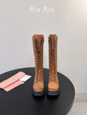 MIUMIU 26S HIGH HIKING BOOTS IN CAMEL BROWN CALFSKIN
