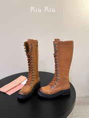MIUMIU 26S HIGH HIKING BOOTS IN CAMEL BROWN CALFSKIN