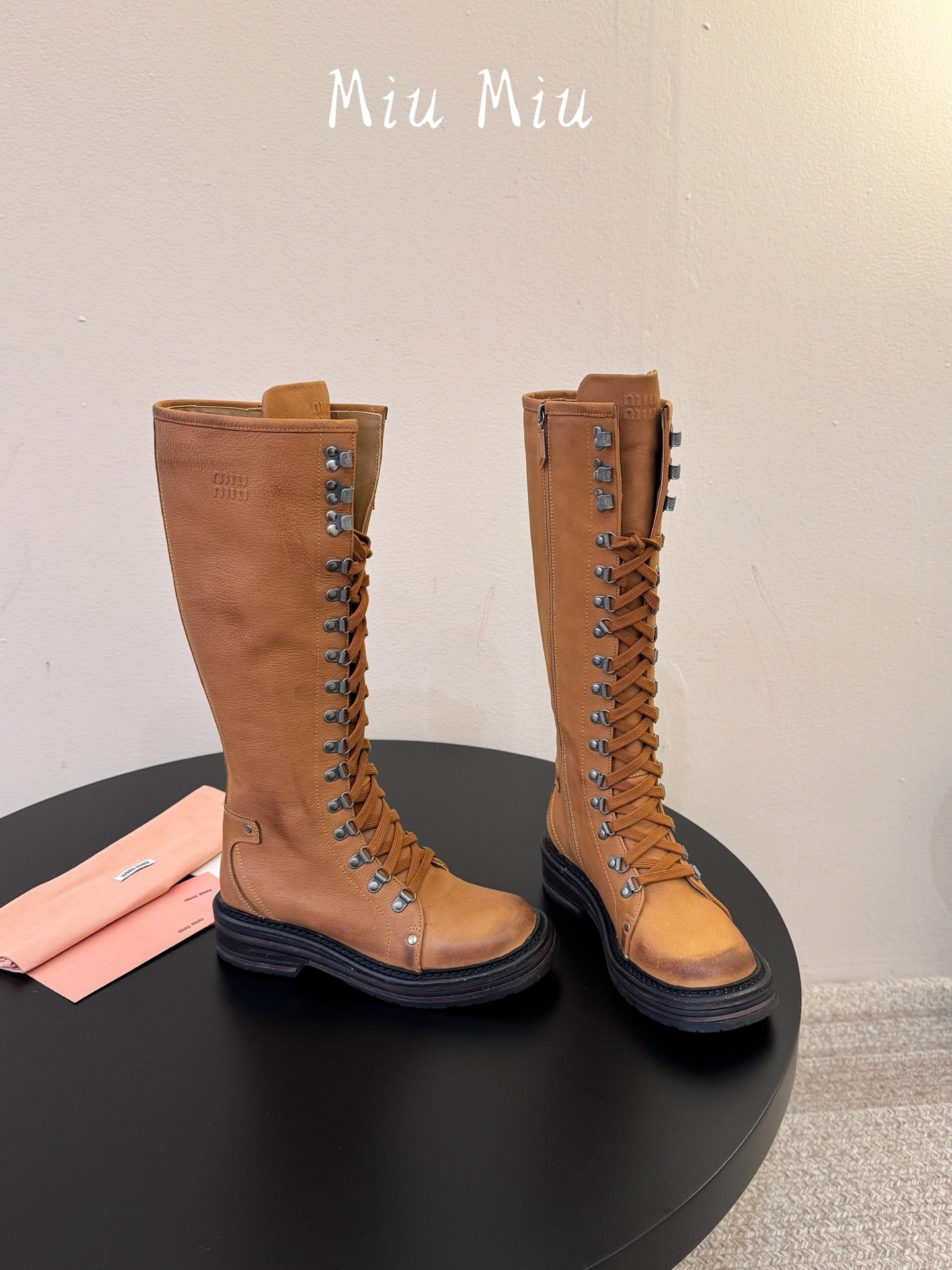 MIUMIU 26S HIGH HIKING BOOTS IN CAMEL BROWN CALFSKIN