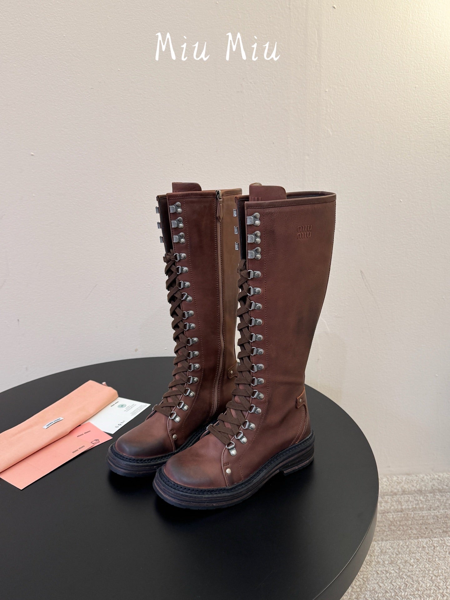 MIUMIU 26S HIGH HIKING BOOTS IN DARK BROWN CALFSKIN