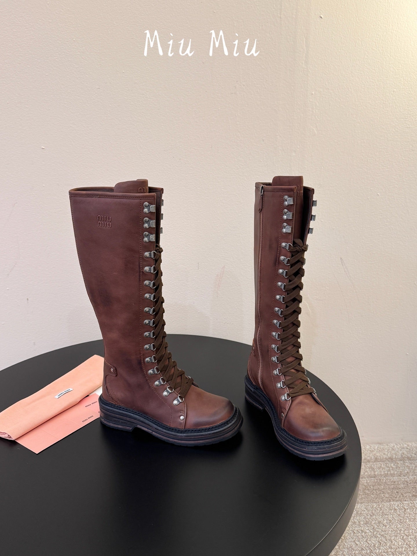 MIUMIU 26S HIGH HIKING BOOTS IN DARK BROWN CALFSKIN