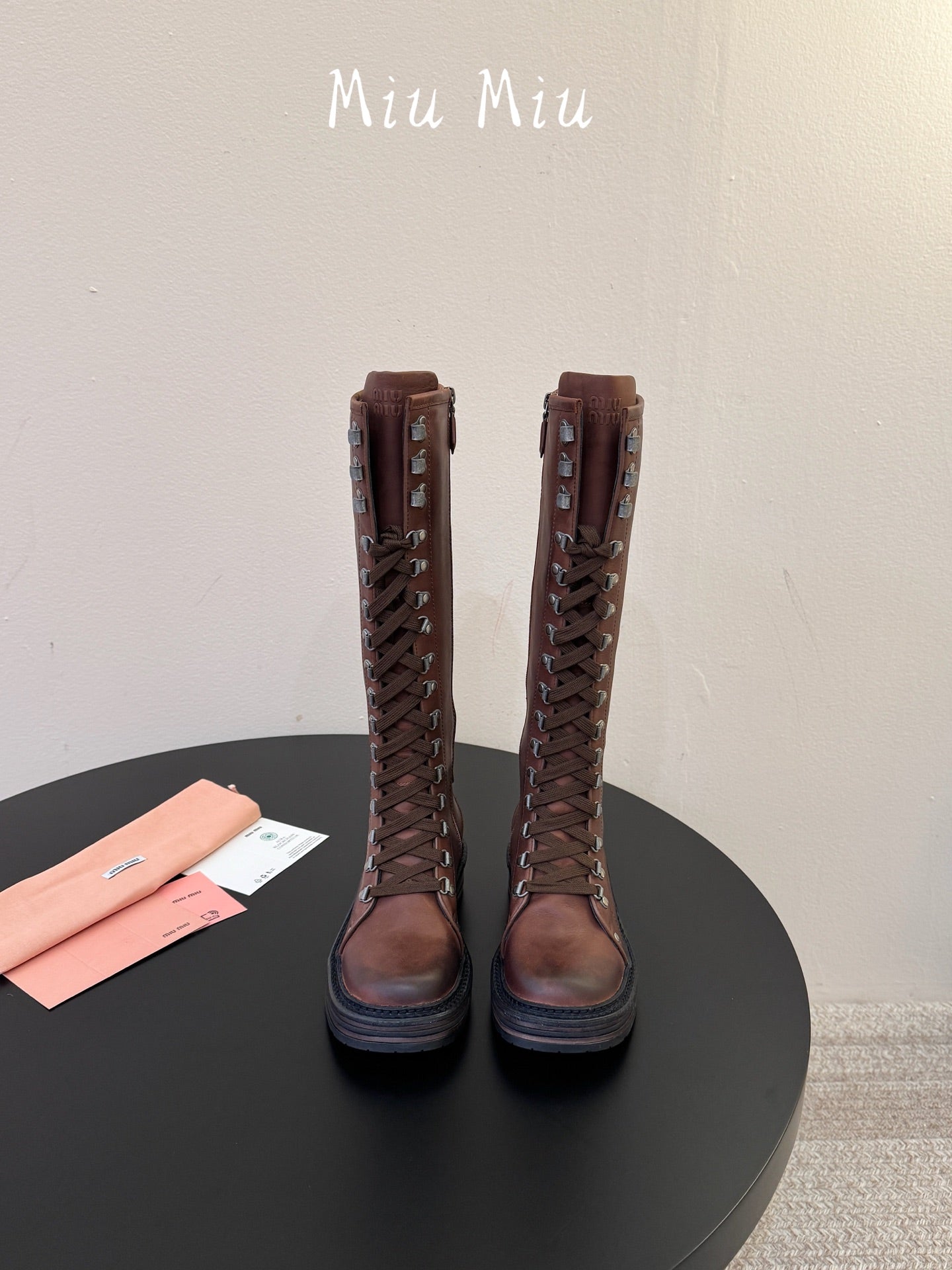 MIUMIU 26S HIGH HIKING BOOTS IN DARK BROWN CALFSKIN