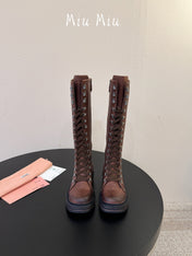 MIUMIU 26S HIGH HIKING BOOTS IN DARK BROWN CALFSKIN